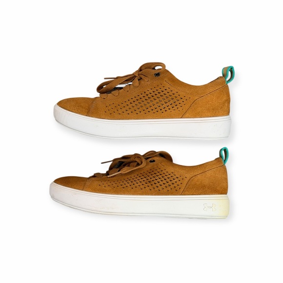Under Armour Suede Sneakers Tan Caramel Teal Accent Lace Up Size 8 US 5.5 UK - Picture 4 of 7